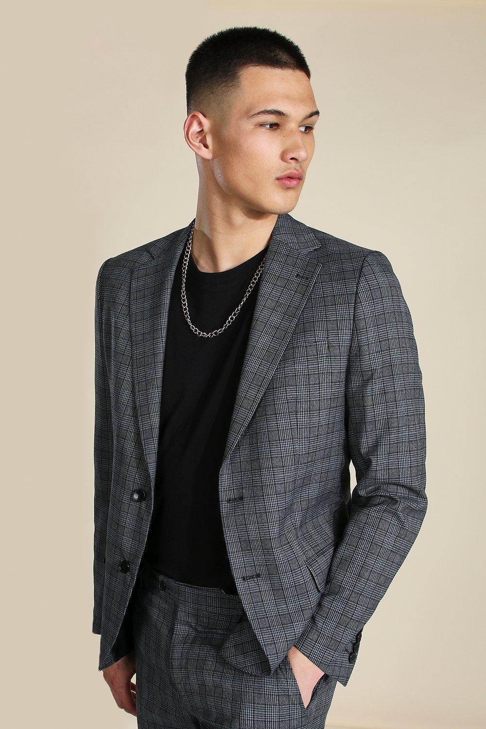 Slim Grey Check Single Breasted Suit Jacket | boohooMAN USA Product Image