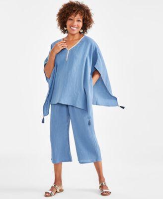 Jm Collection Womens Gauze Embellished Neck Poncho Cropped Pull On Pants Created For Macys Product Image