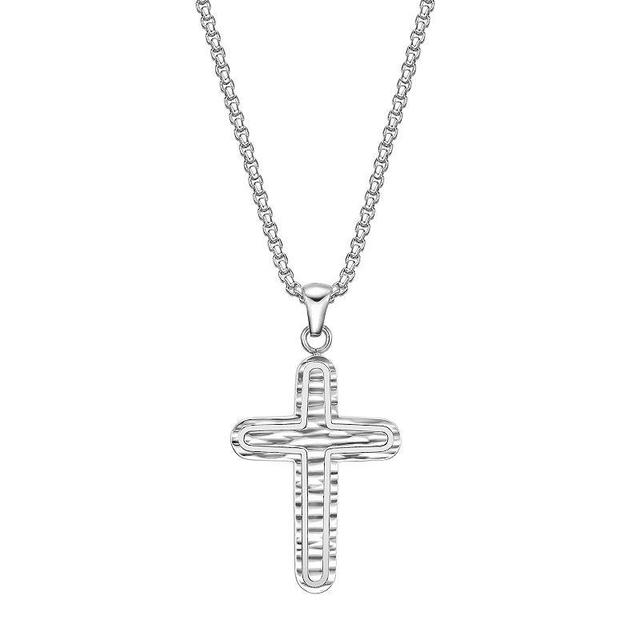 Mens LYNX Stainless Steel Textured Cross Pendant Necklace White Product Image