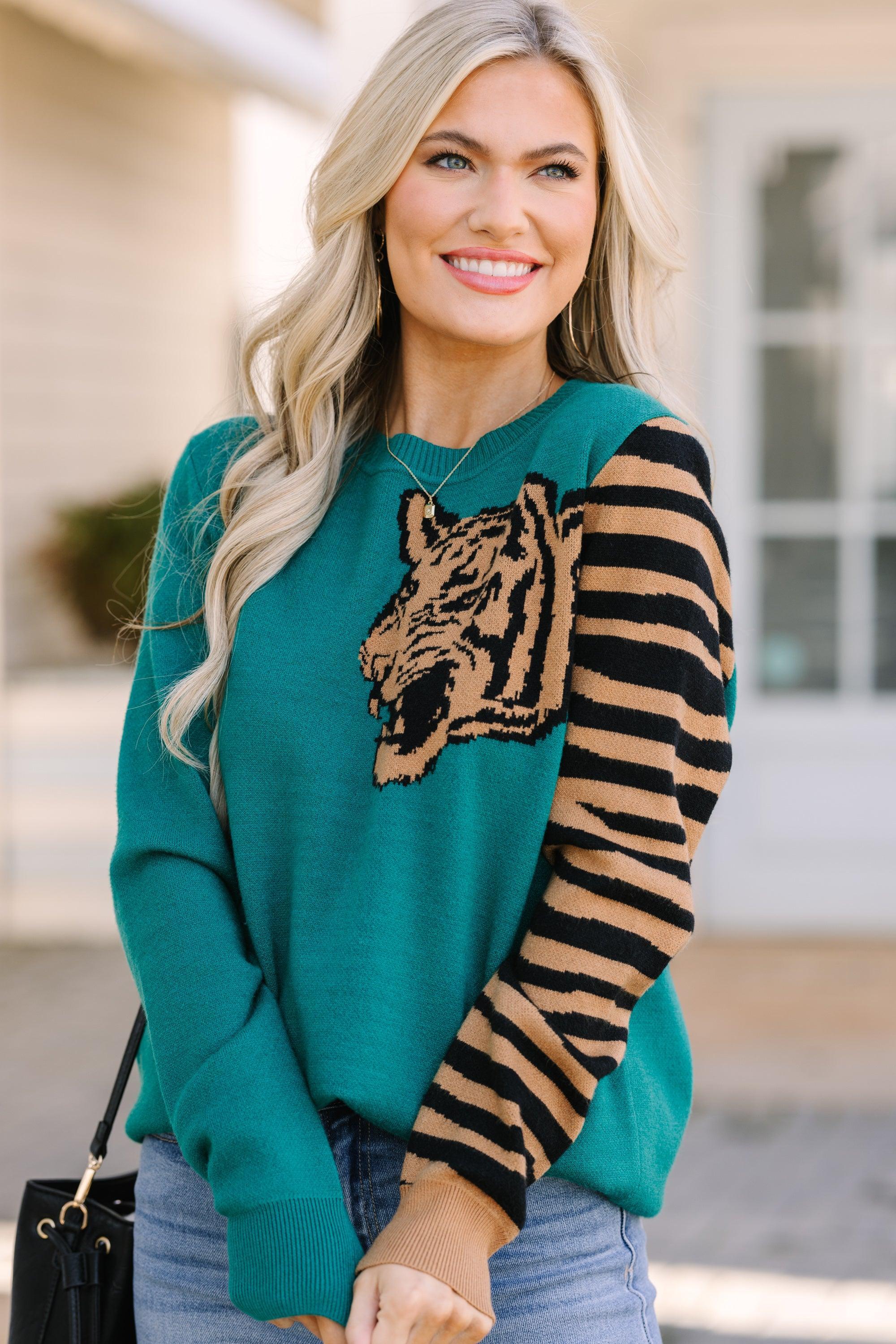 Over Your Shoulder Hunter Green Tiger Sweater Female Product Image