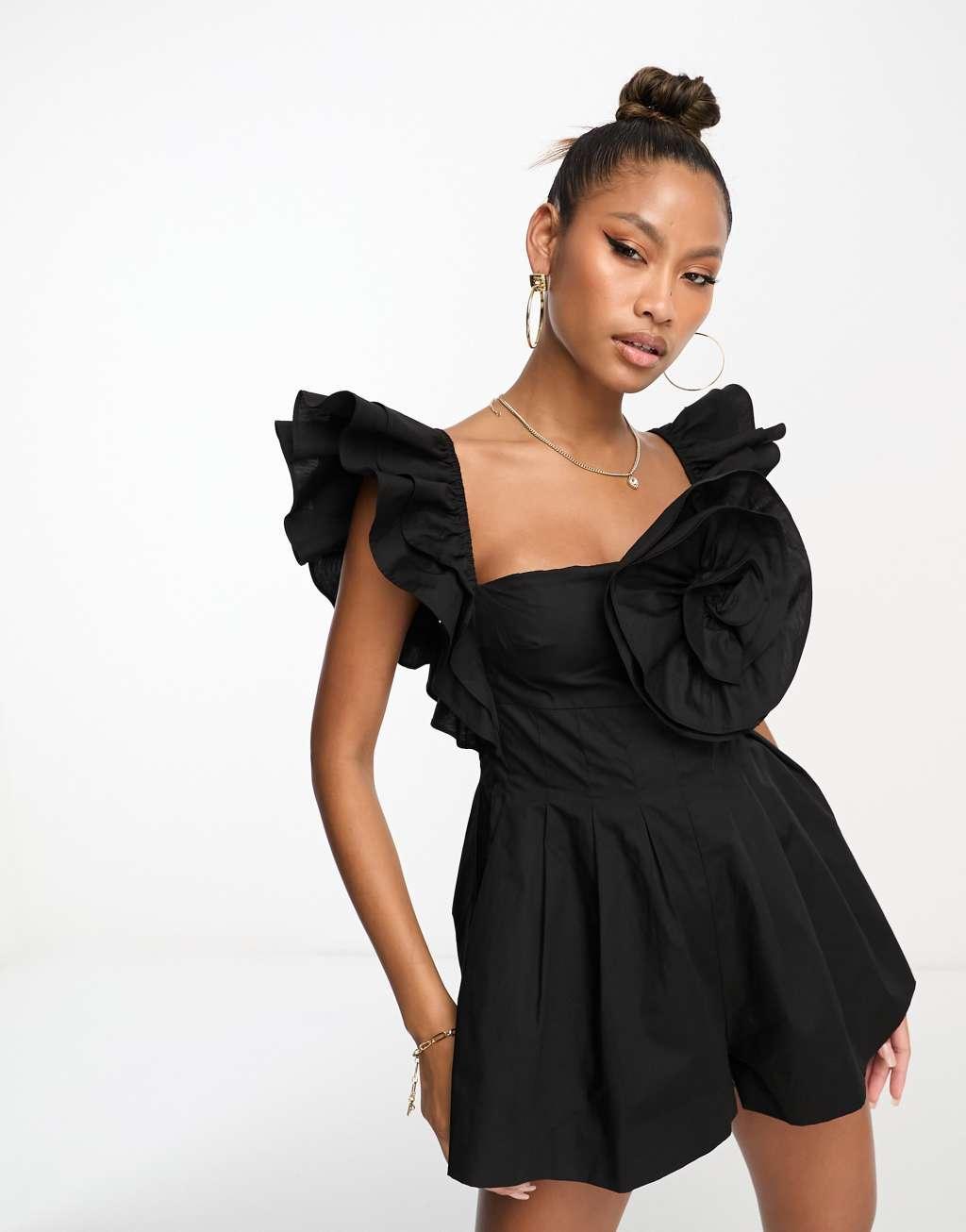 ASOS Luxe poplin romper with corsage and ruffle sleeves in black Product Image