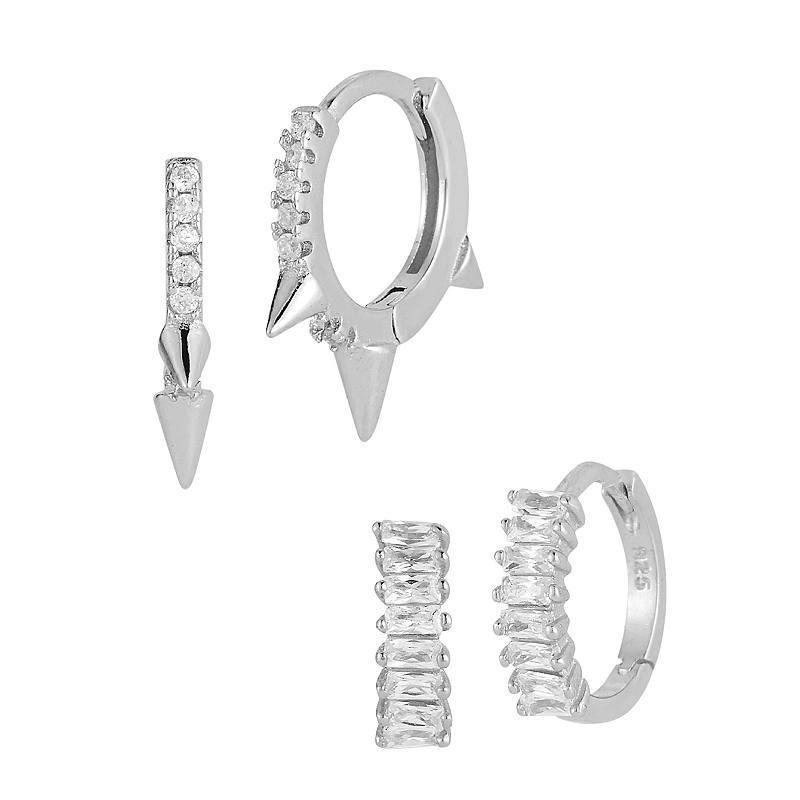 Sunkissed Sterling Cubic Zirconia Spike Huggie Hoop Earring Set, Womens, Silver Tone Product Image