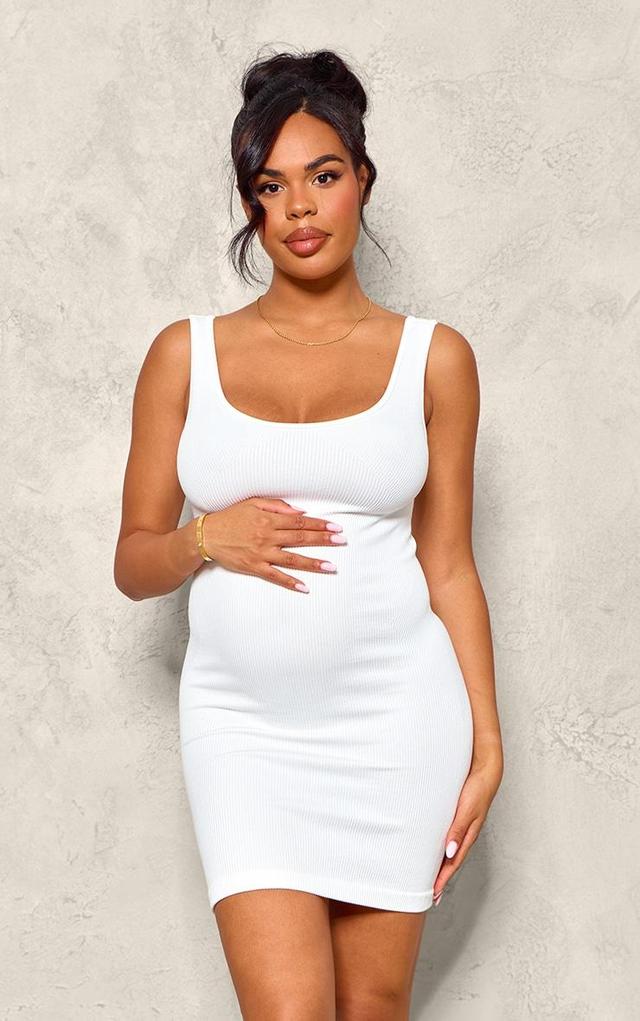 Maternity White Strappy Snatched Rib Mini Dress Product Image