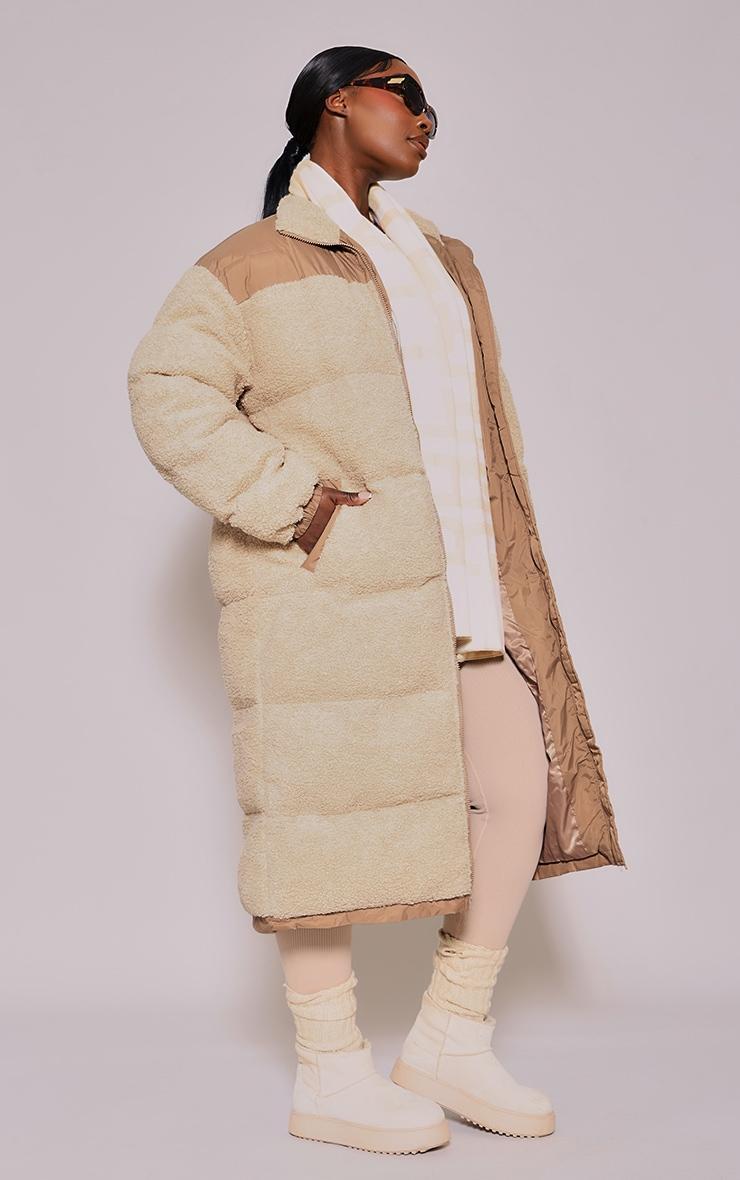 Plus Beige Contrast Borg Maxi Puffer Coat Product Image