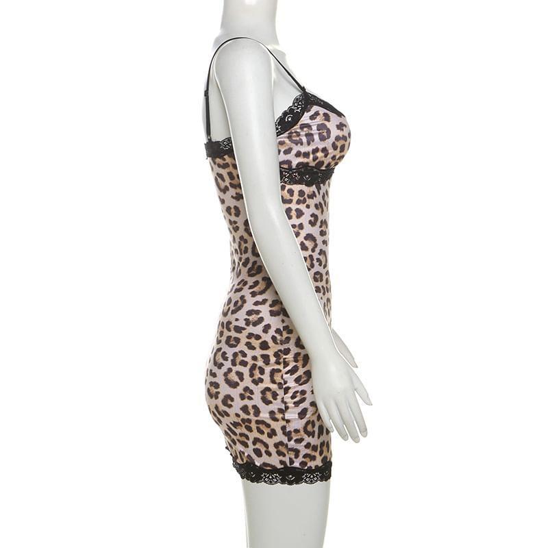 Spaghetti Strap Leopard Print Mini Bodycon Dress Product Image