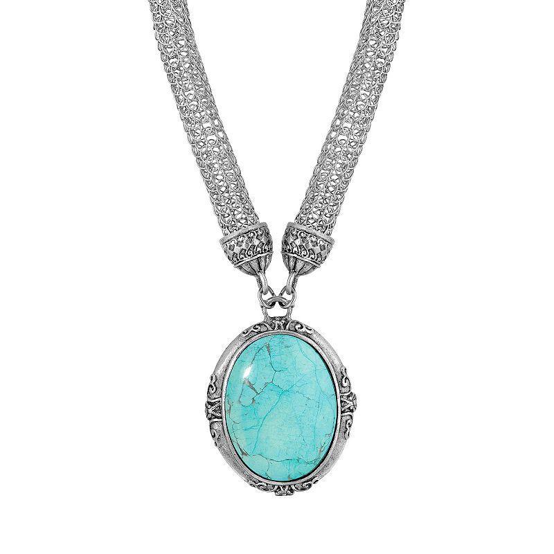 1928 Siver Tone Oval Turquoise Pendant Necklace with Mesh Chain, Womens, Blue Product Image