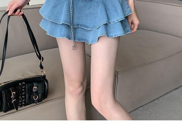 High Waist Tiered Denim Skort Product Image