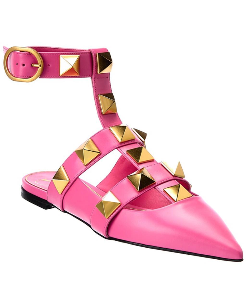 Roman Stud Leather Ankle-strap Ballerina Flats In Pink Product Image