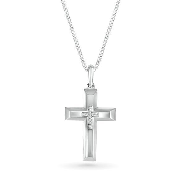 Men's 1/20 CT. T.w. Diamond Inlay Three-Dimensional Double Cross Pendant in 10K White Gold - 22" Product Image