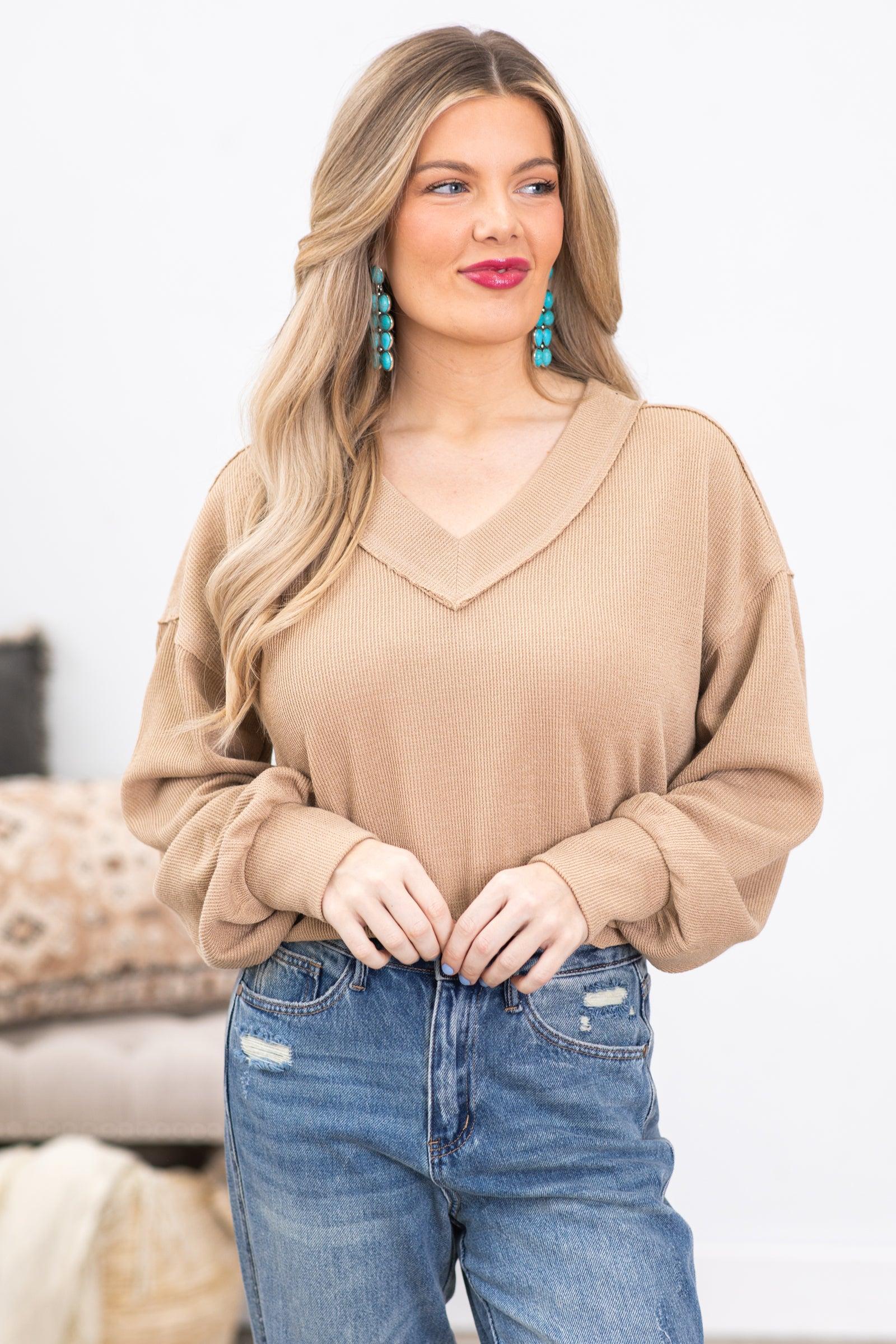 Tan V-Neck Loose Fit Knit Top Product Image