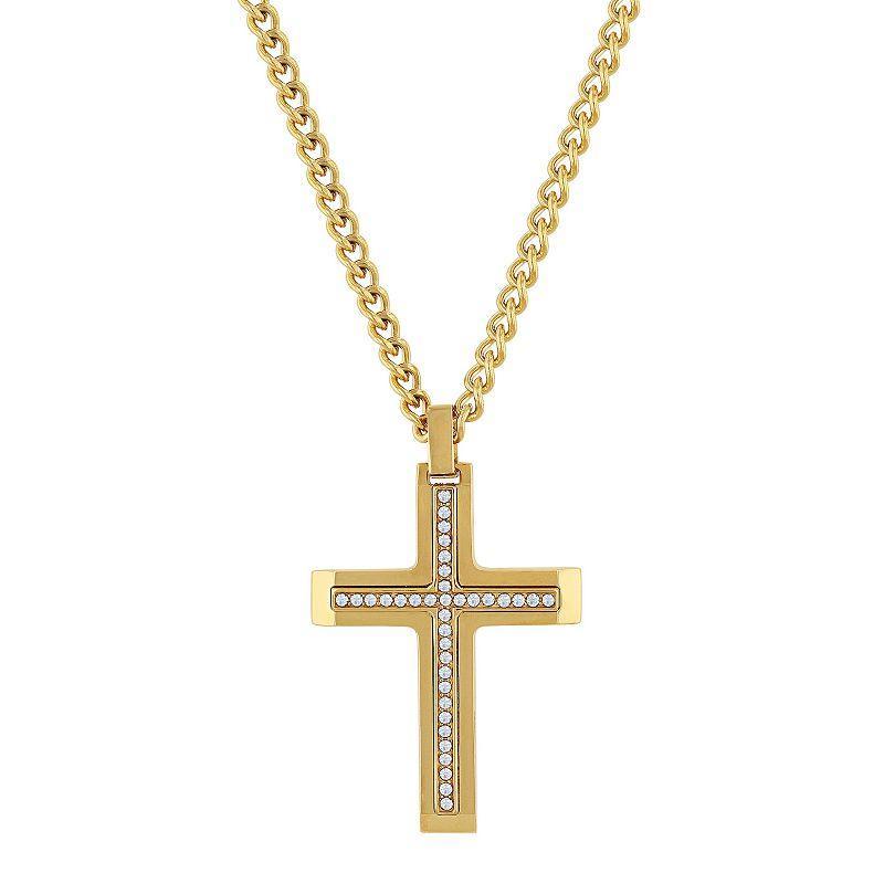 Steel Nation Mens Gold Tone Stainless Steel Crystal Cross Pendant Necklace Product Image