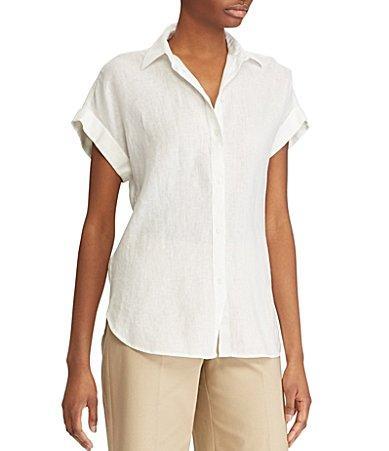 Lauren Ralph Lauren Linen Point Collar Short Dolman Sleeve Shirt Product Image