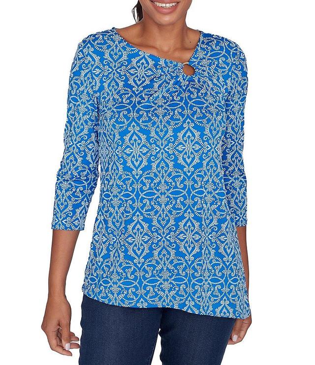 Ruby Rd. Medallion Knit Asymmetric Neck 3/4 Sleeve Top Product Image