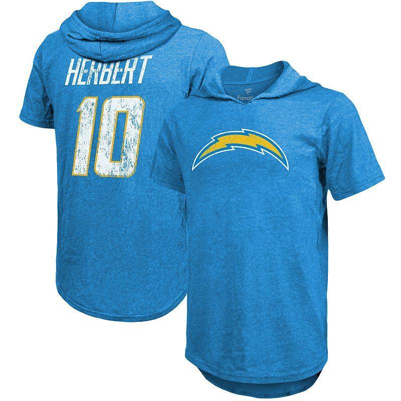 Mens Fanatics Justin Herbert Powder Blue Los Angeles Chargers Player Name and Number Tri-Blend Hoodie T-shirt Product Image