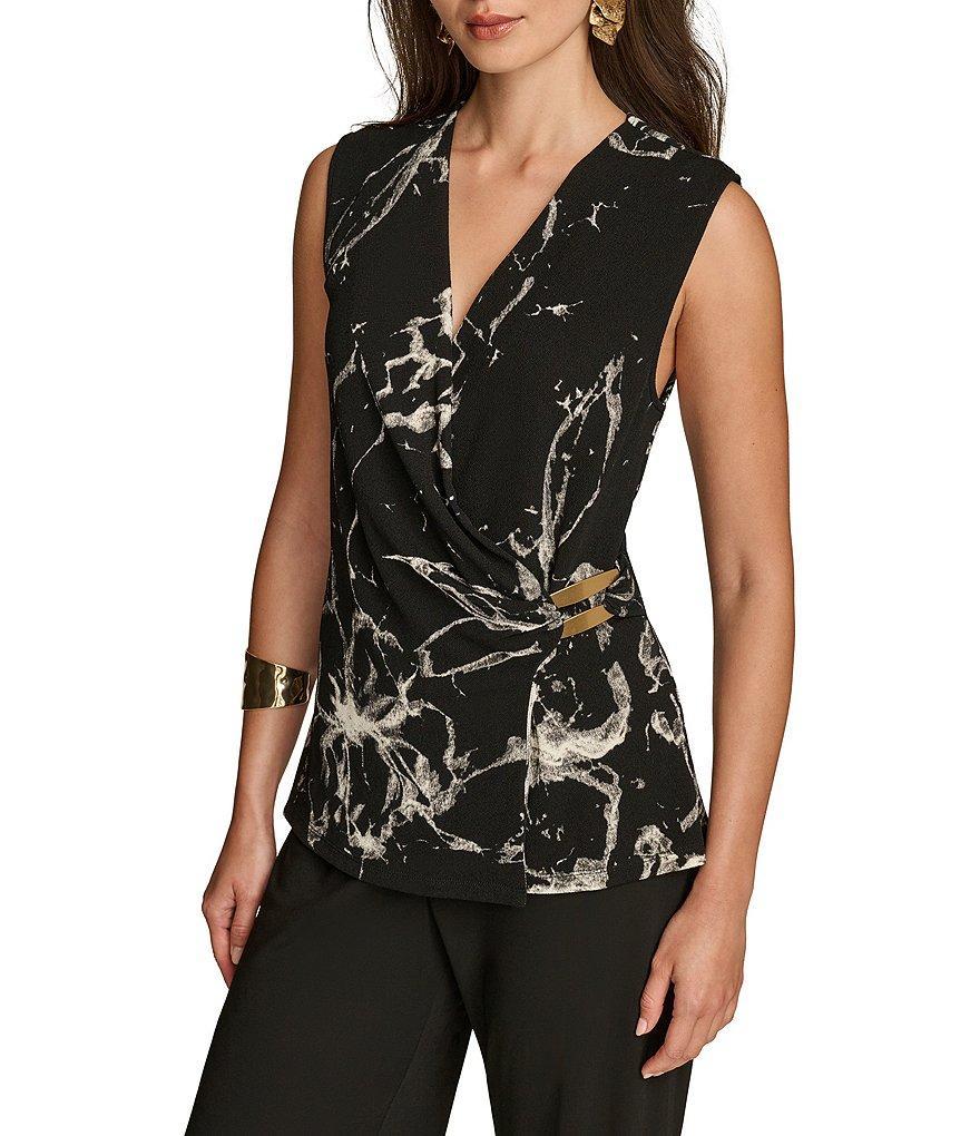 Donna Karan Printed Sleeveless Hardware Embellished Faux Wrap Top Product Image