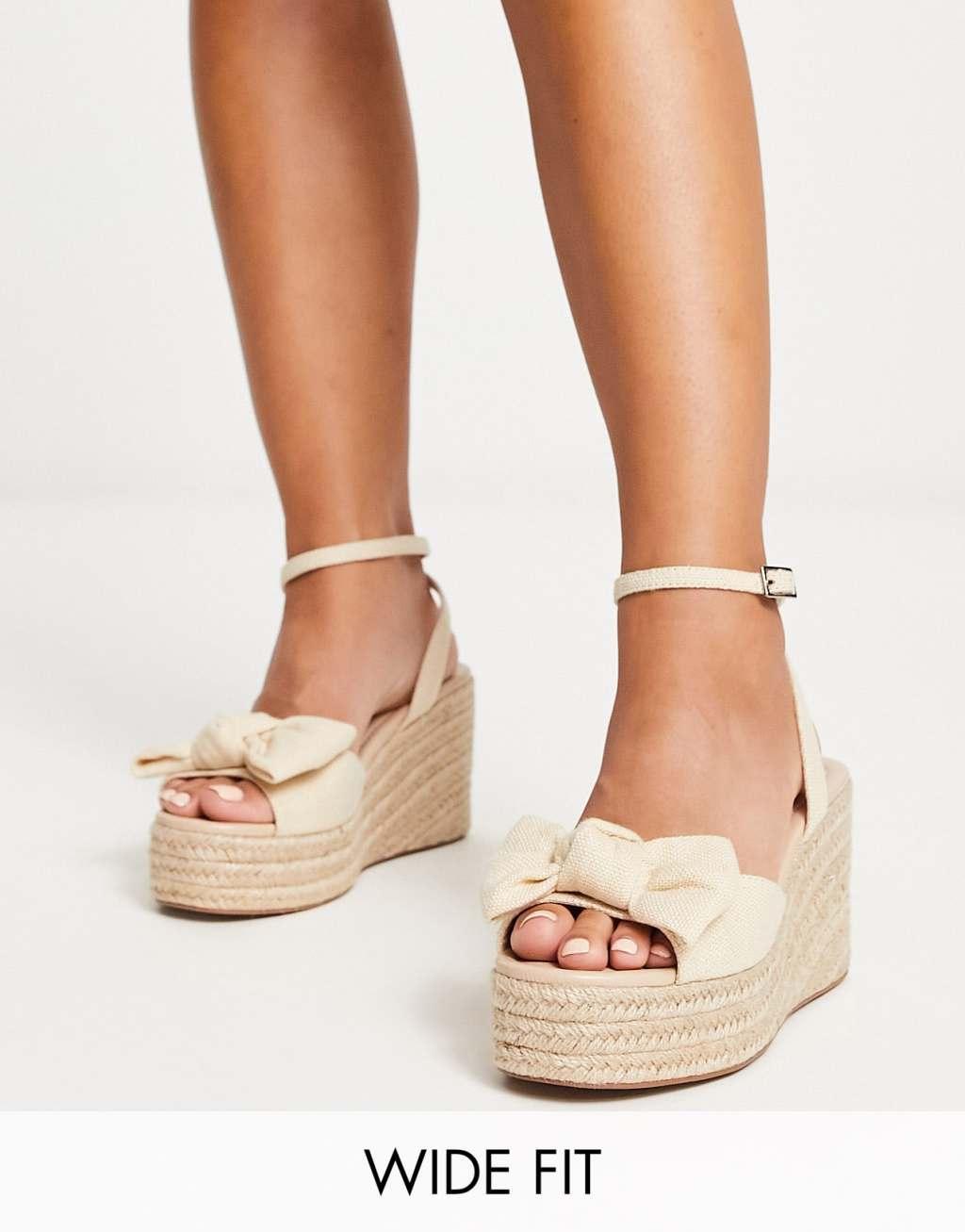 ASOS DESIGN Wide Fit Trisha bow detail espadrille wedges in natural fabrication Product Image