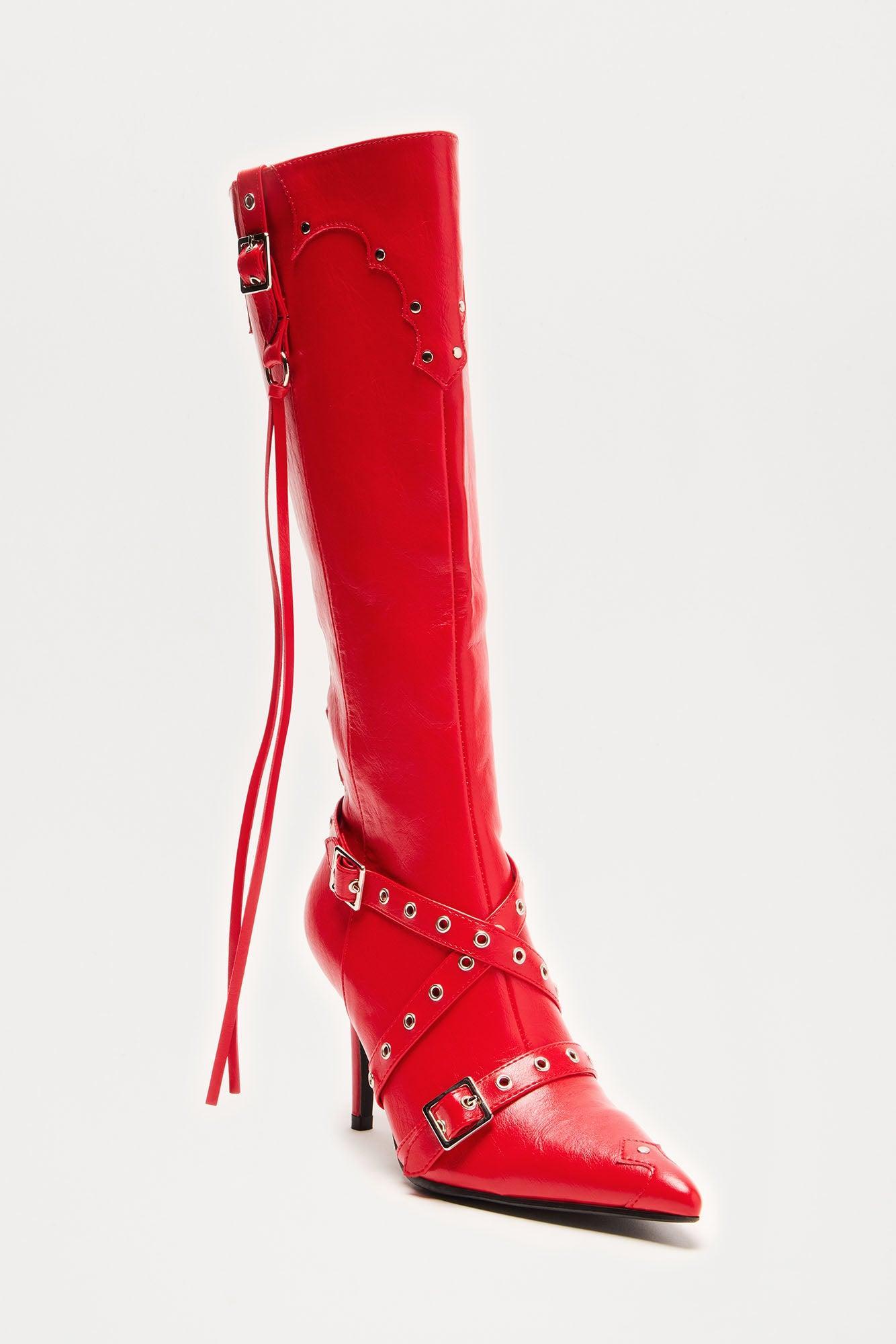 Fake Love Knee High Heeled Boots - Red Product Image