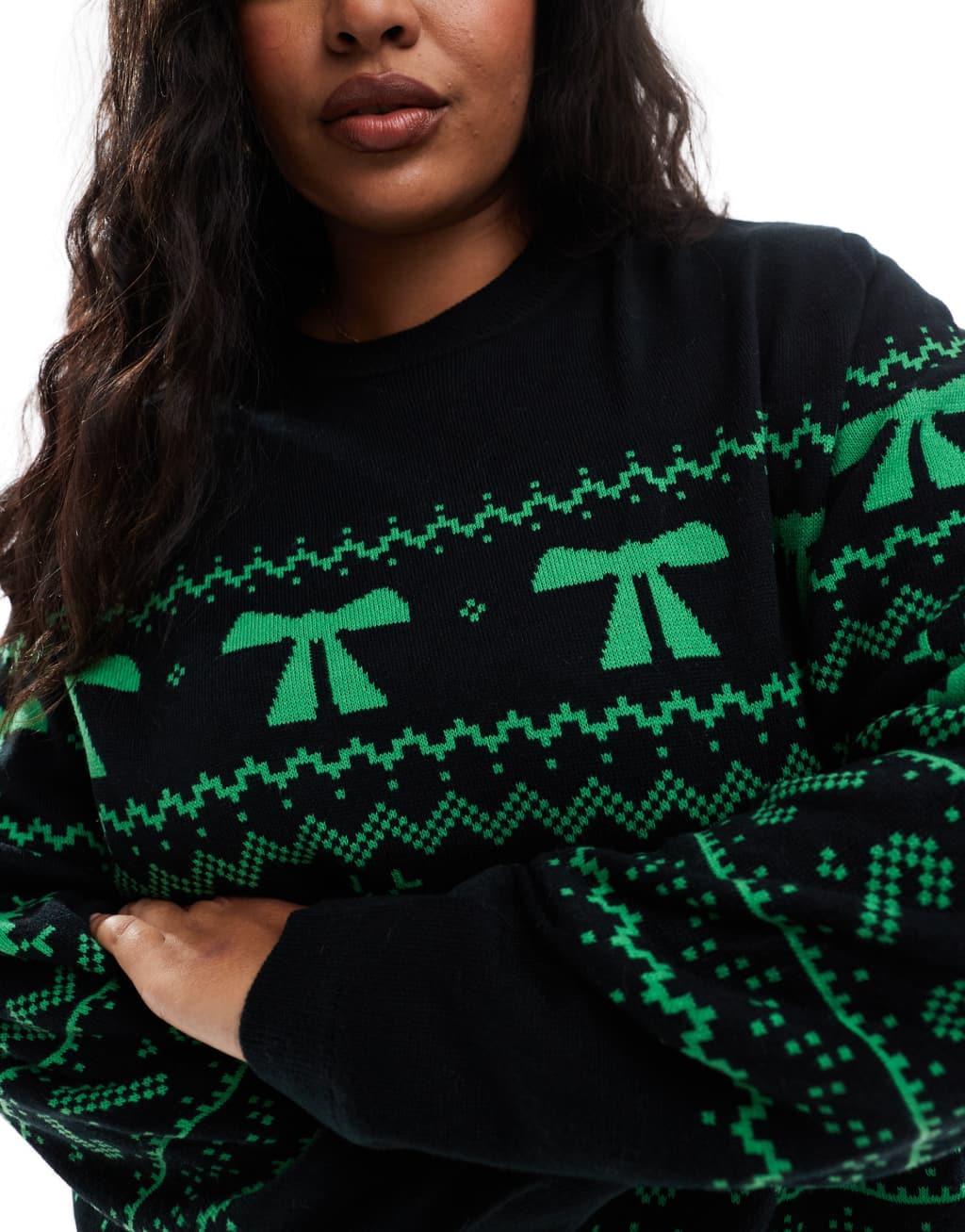 ASOS DESIGN Curve crew neck christmas sweater with fairisle pattern in black and green Product Image