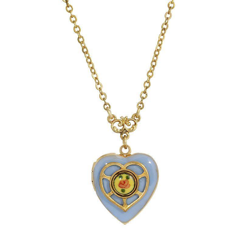 1928 Gold Tone Enamel Floral Heart Locket Necklace, Womens, Blue Product Image