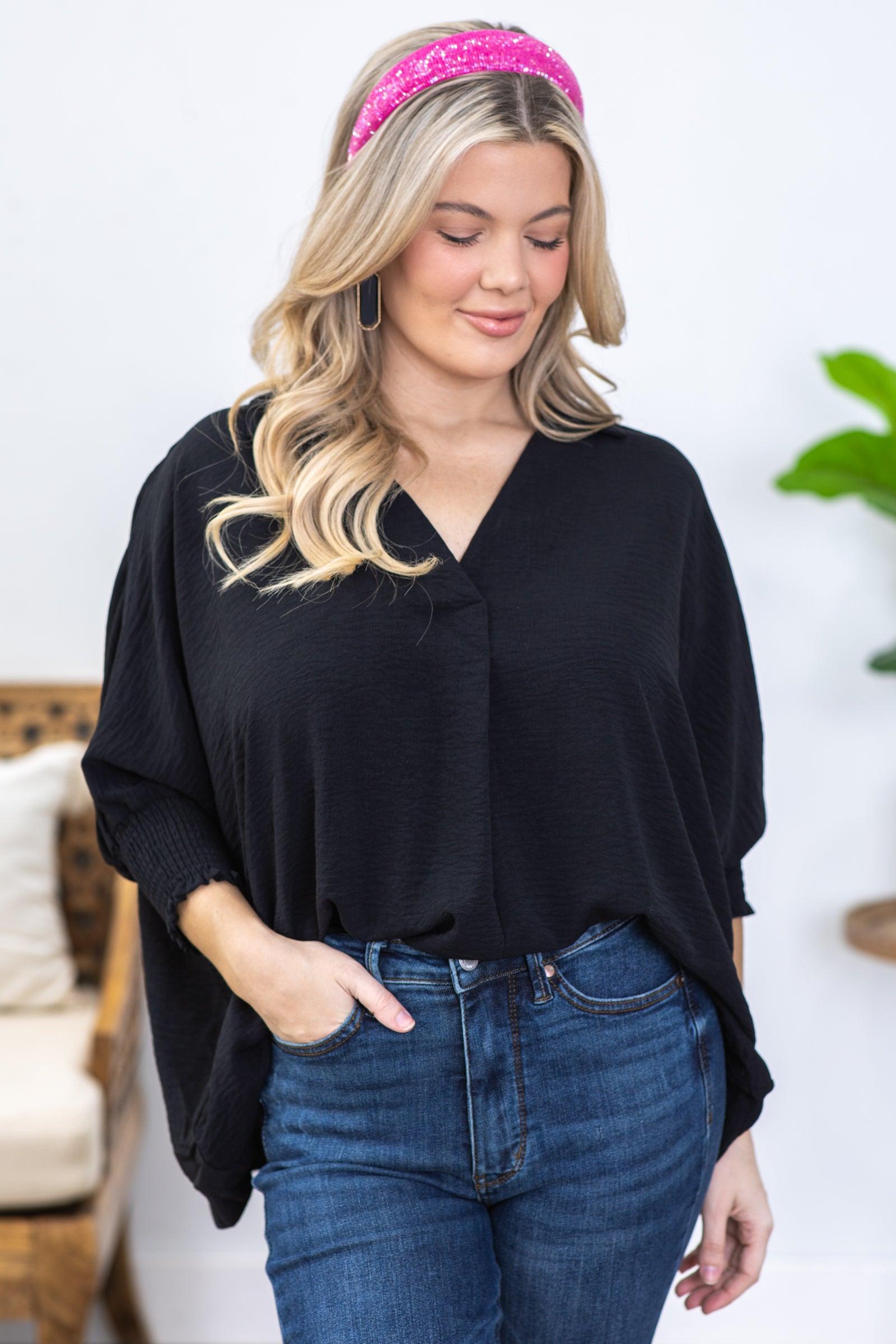 Black Airflow Top With Smocked Cuff Product Image