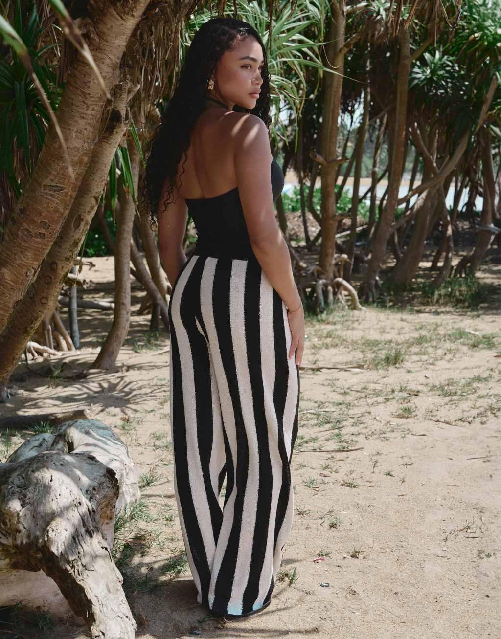 4th & Reckless x Loz Vassallo cuba knitted stripe beach pants in black and white Product Image