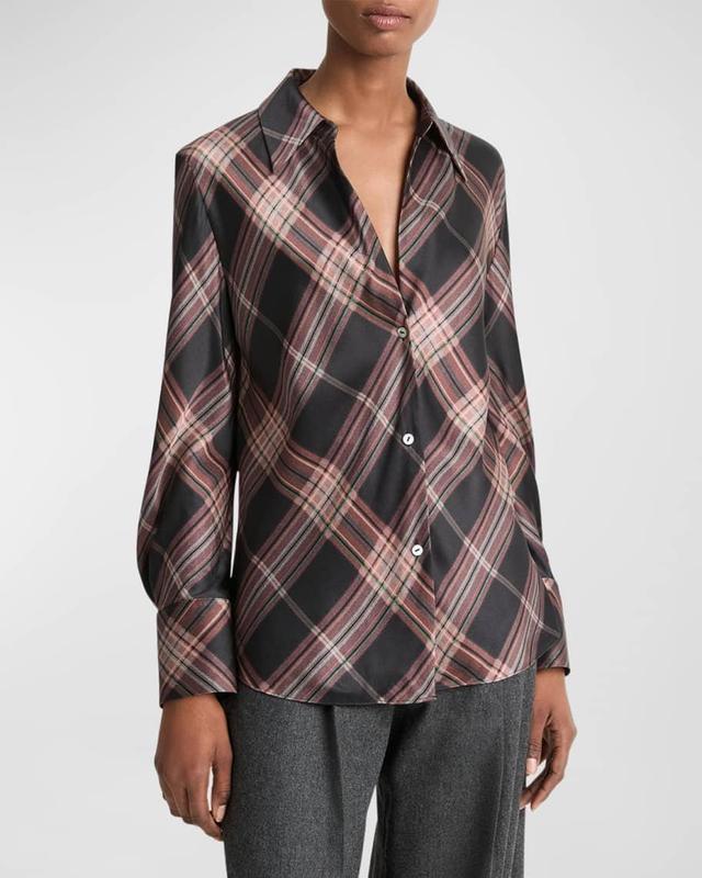 Long-Sleeve Plaid Silk Blouse Product Image