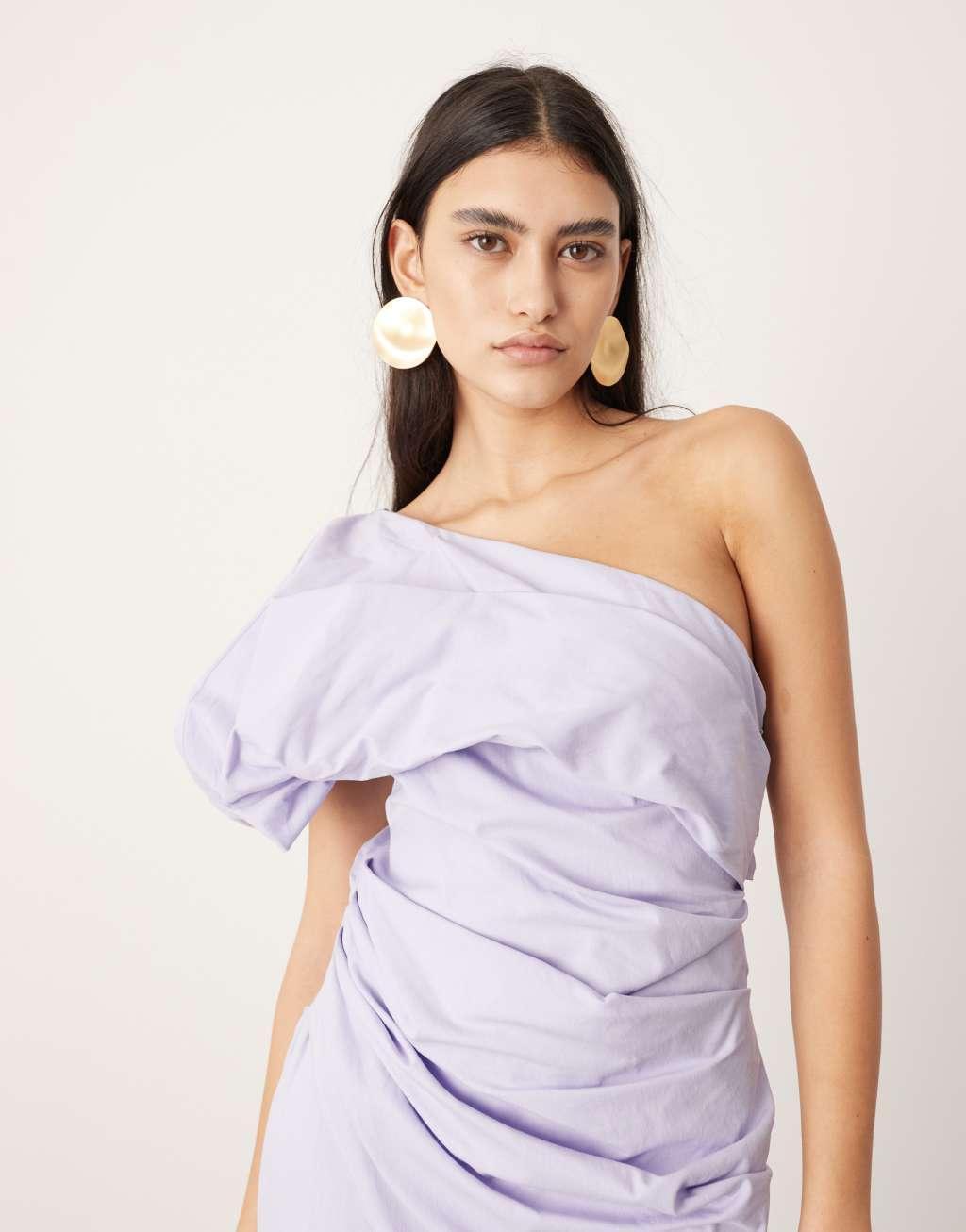 ASOS EDITION one shoulder ruched maxi dress in lilac Product Image