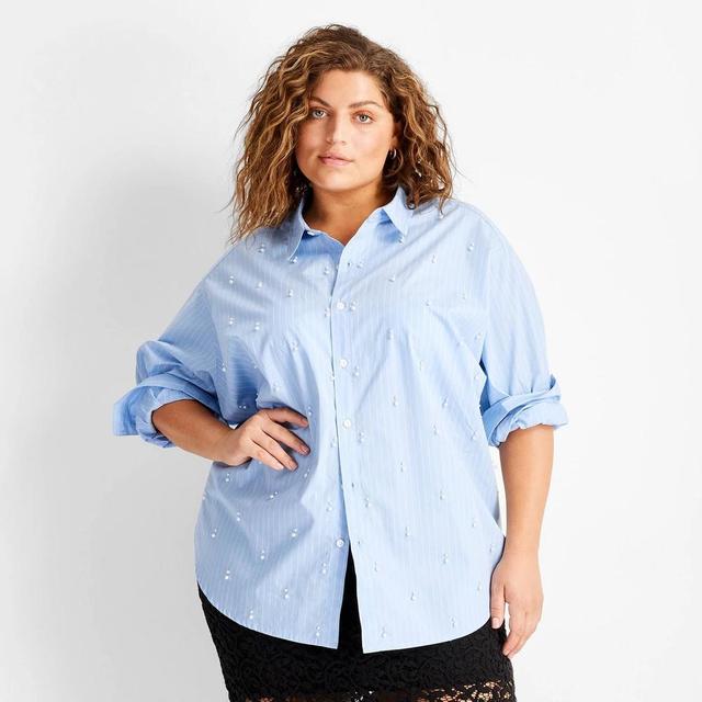 Womens Long Sleeve Collared Embellished Asymmetrical Button-Down Shirt - Future Collective Blue 4X Product Image