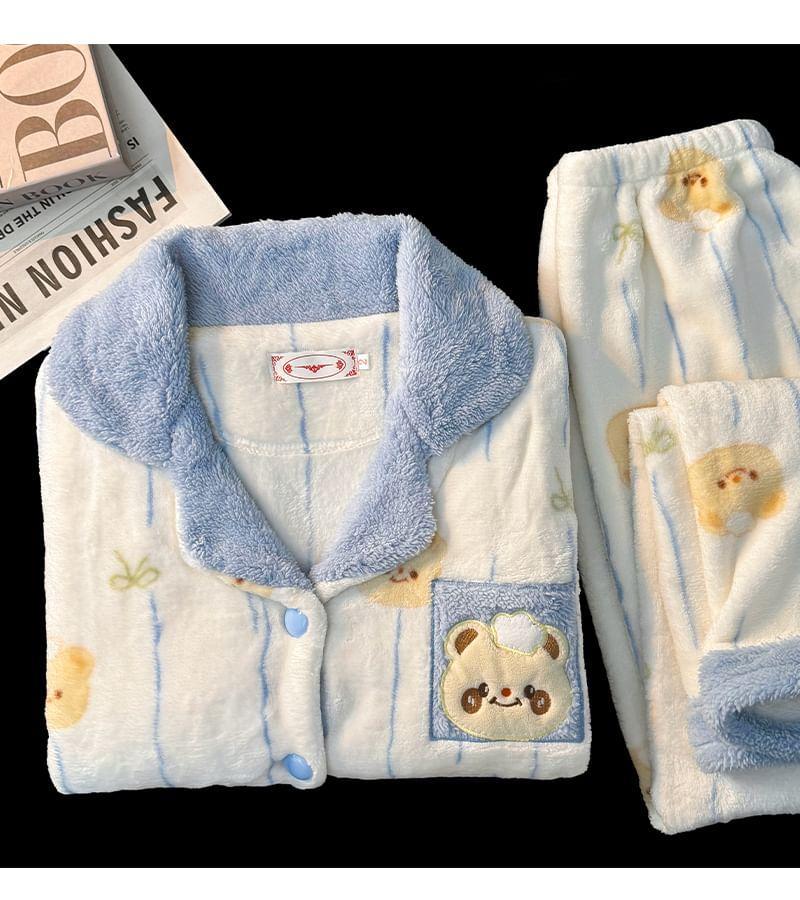 Pajama Set: Bear Applique Jacket + Pants Product Image