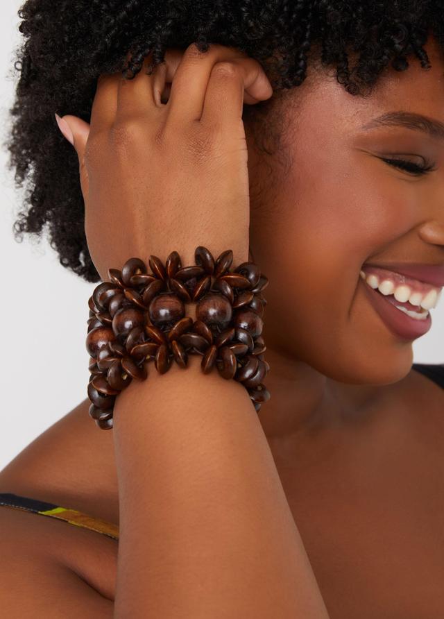 Plus Size Flower Wood Bead Bracelet, - Ashley Stewart Product Image