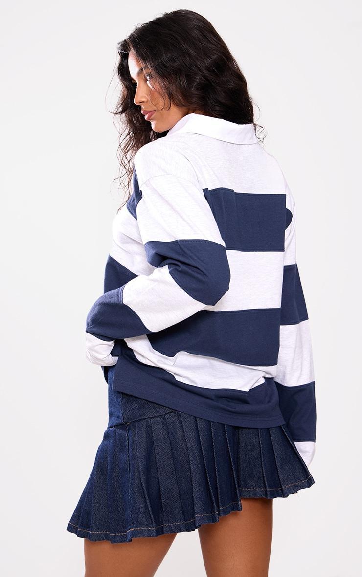 Navy Collared Stripey Oversized Long Sleeve T Shirt Product Image