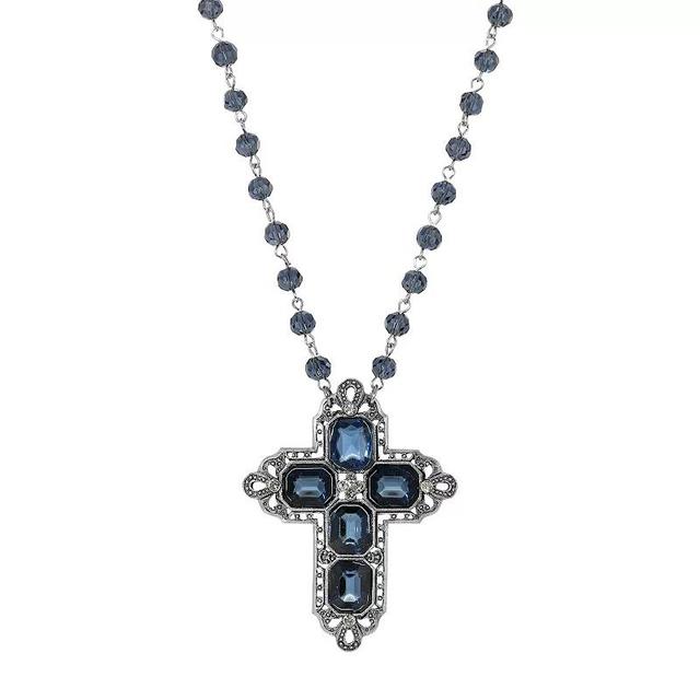 2028 Womens Pewter Rectangle Sapphire Blue Color Crystal Cross Beaded Necklace Product Image