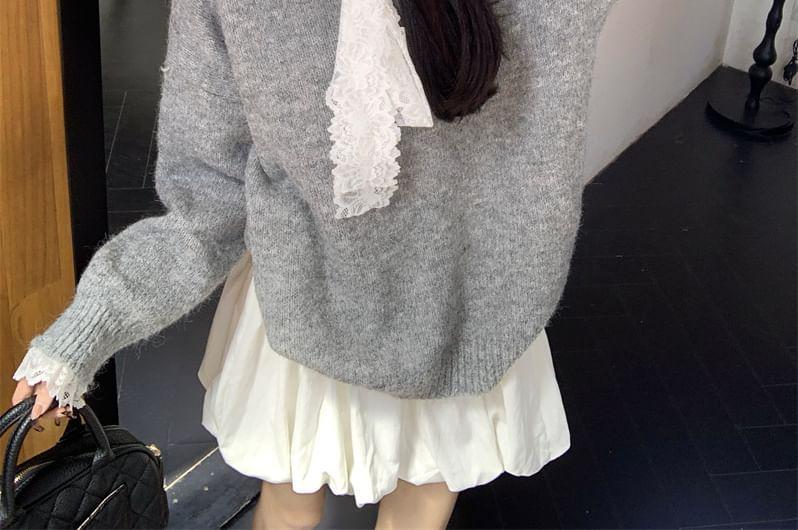 V-Neck Lace Panel Tie Front Oversized Sweater Product Image