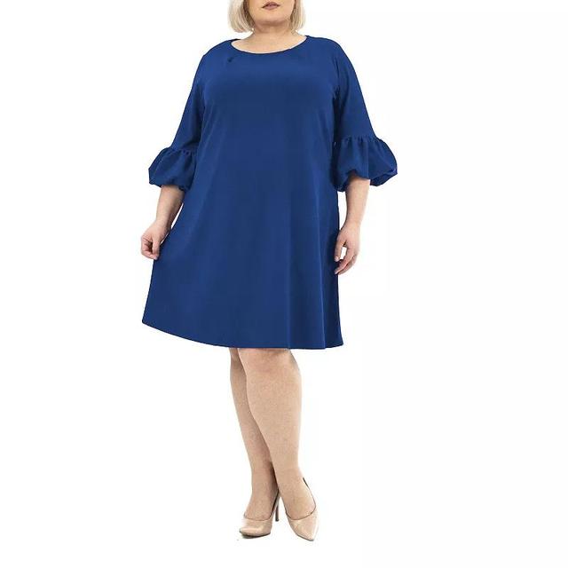 Plus Size Nina Leonard Balloon-Sleeve Crepe Swing Dress, Womens Blue Product Image