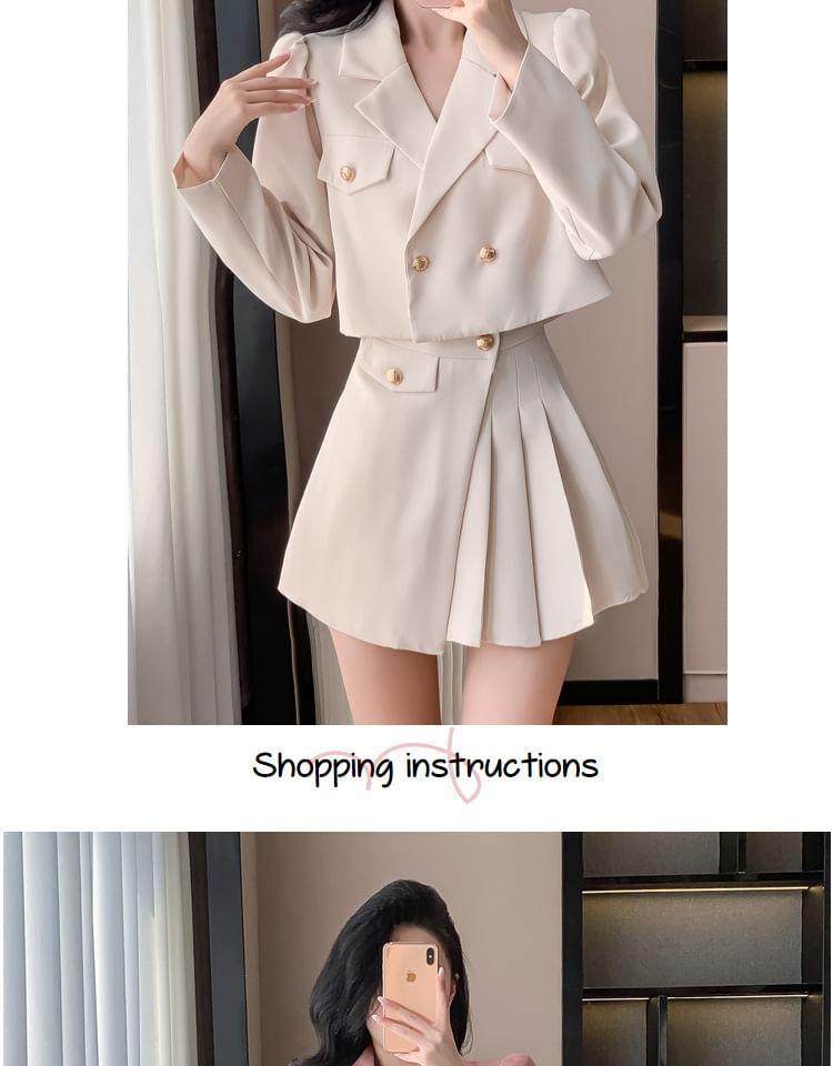 Set: Notch Lapel Plain Double Breasted Blazer + High Rise Pleated Mini A-Line Skirt Product Image