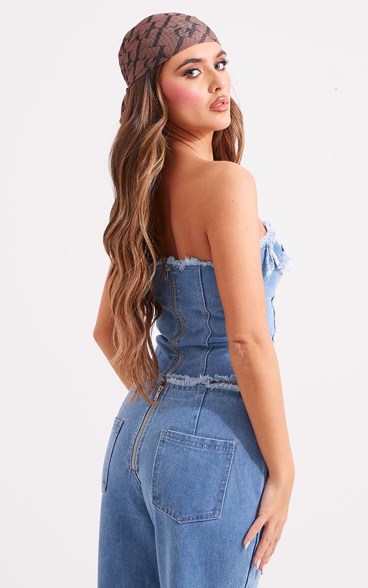 Mid Blue Wash Frayed Detail Lace Up Denim Corset Product Image