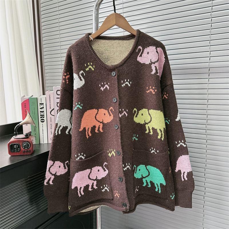 Round Neck Elephant Jacquard Cardigan Product Image