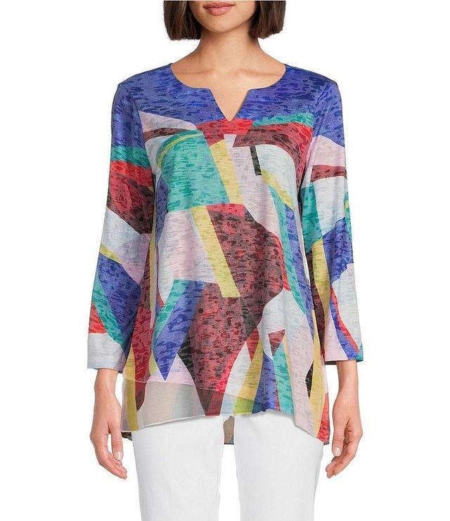 Ali Miles Abstract Print Knit Notch Neck 3/4 Sleeve Chiffon Trim Hem Popover Tunic Product Image