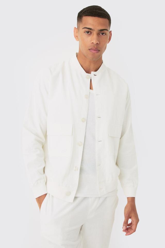 Linen Mix Smart Oversized Cargo Bomber Jacket | boohooMAN USA Product Image