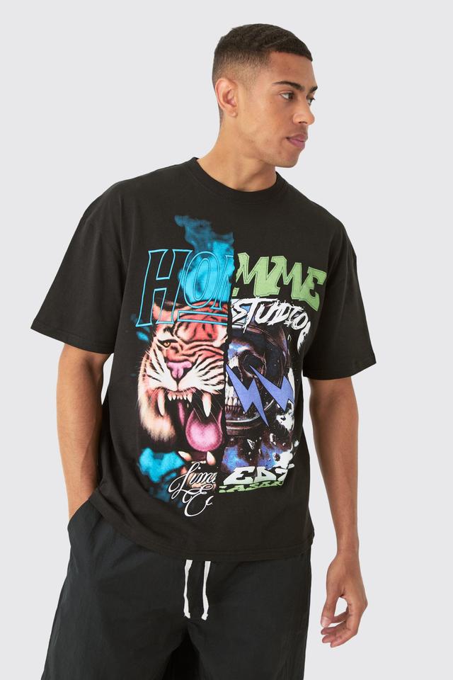 Mens Black Oversized Spliced Tiger Space Graphic T-shirt, Black Product Image