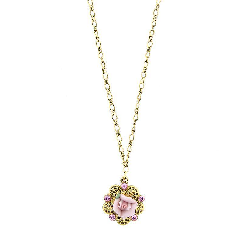 1928 Porcelain Rose Filigree Necklace, Womens, Gold Tone Product Image