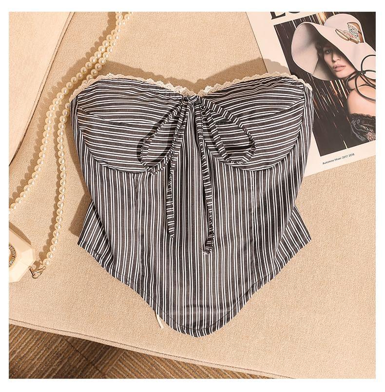 Striped Bow Accent Lace Trim Crop Tube Top Product Image