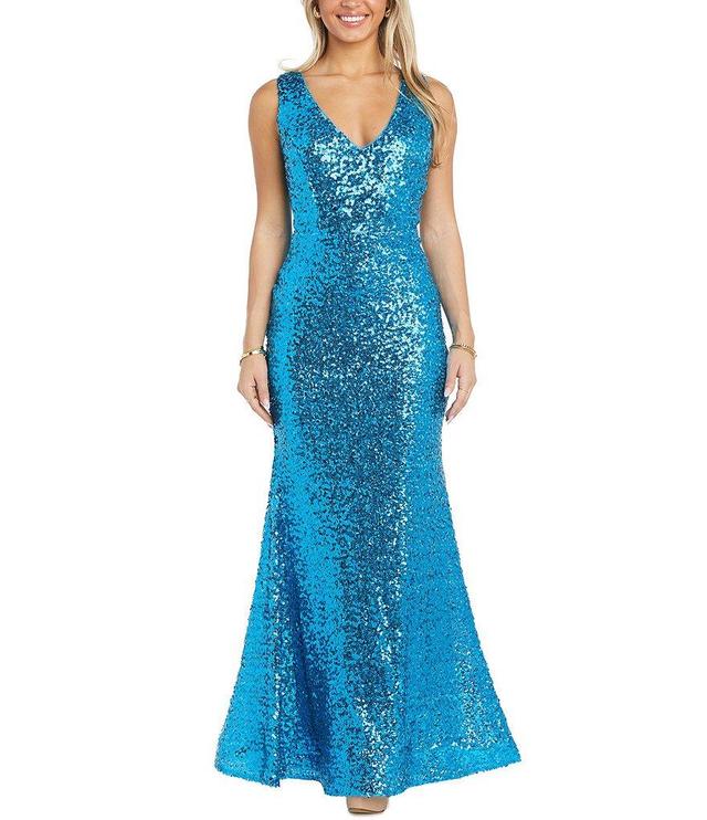 Morgan & Co. Sleeveless V-Neck All Over Sequin Long Dress Product Image