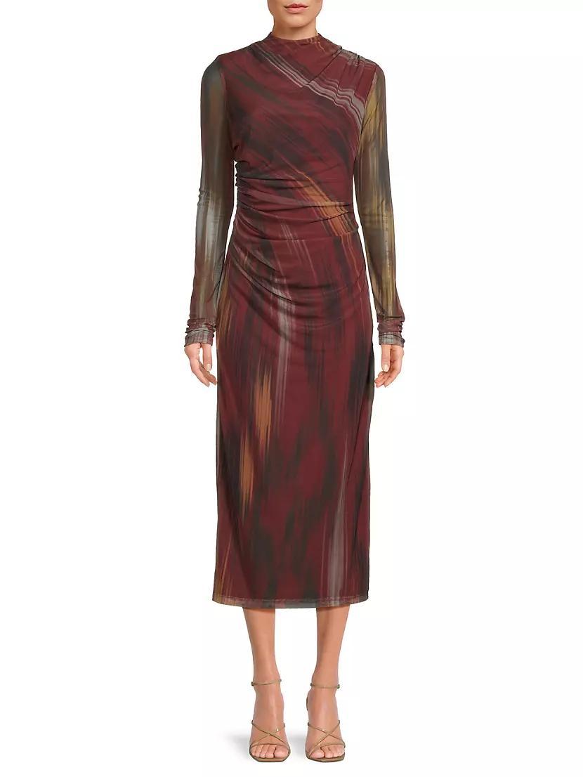 Ruched Ikat-Inspired-Print Mesh Midi-Dress Product Image