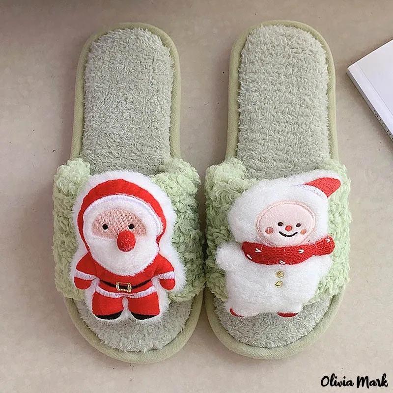 Olivia Mark – Autumn and winter new plush slippers cartoon Santa Claus opening ladies plush slippers home cotton slippers female Product Image