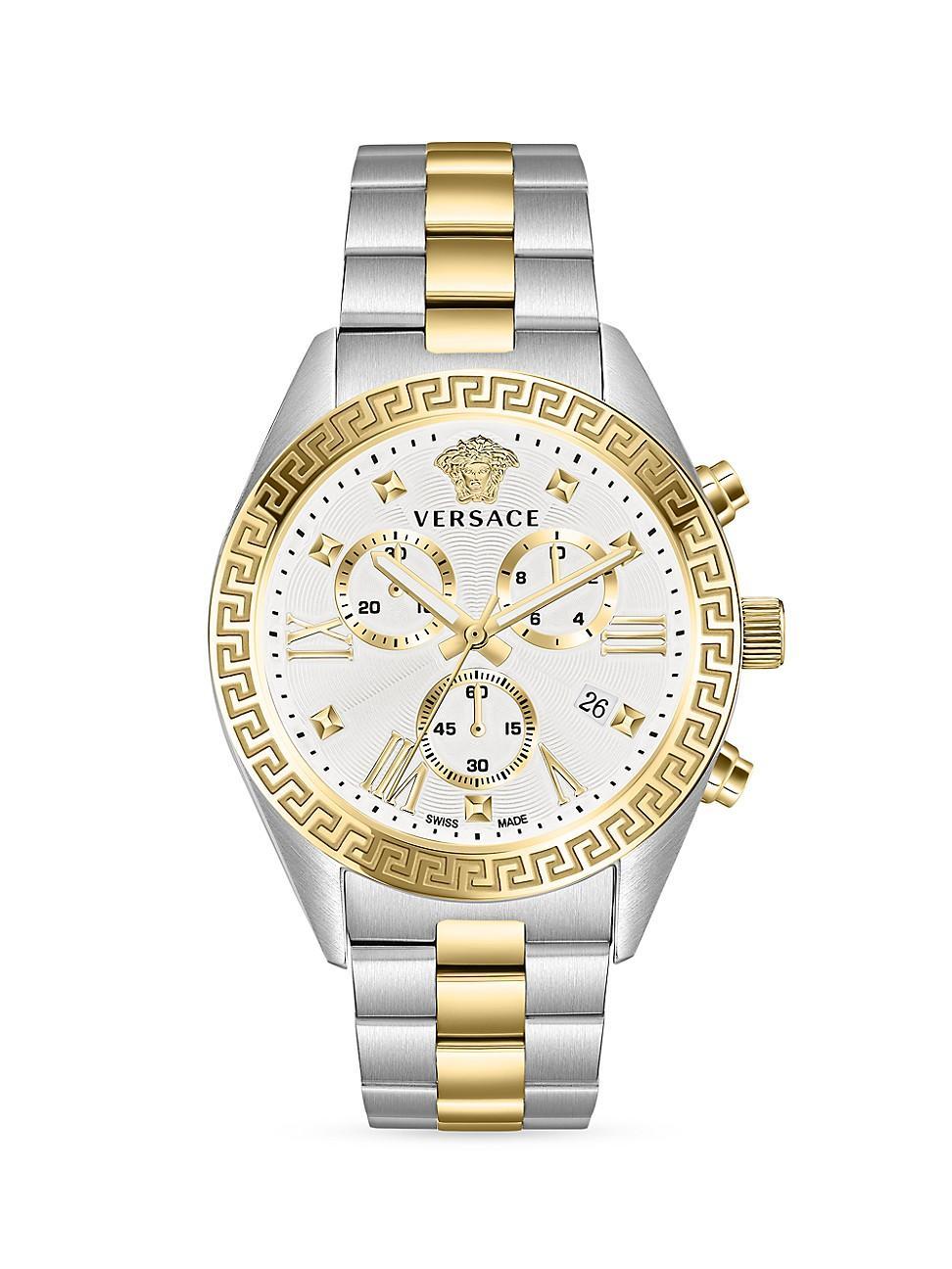 Womens Greca Chrono Goldtone Stainless Steel & Leather Watch Product Image