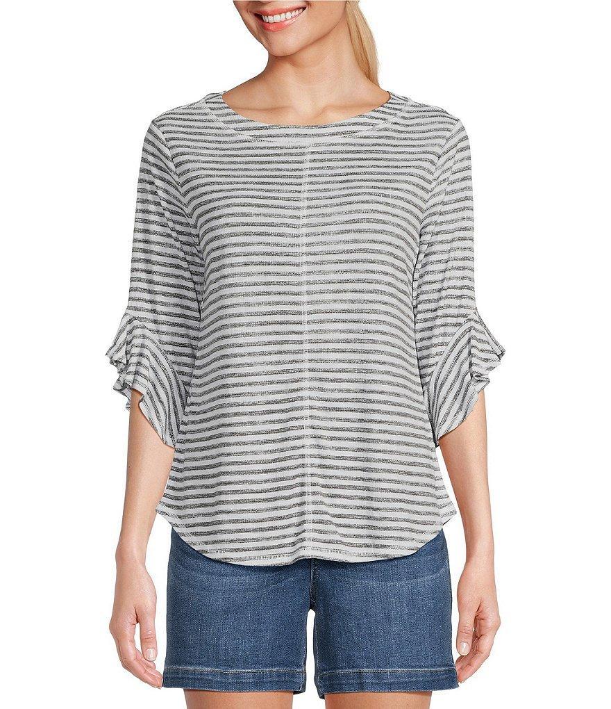 Westbound Knit Stripe Print Crew Neck 3/4 Ruffle Sleeve Top product image