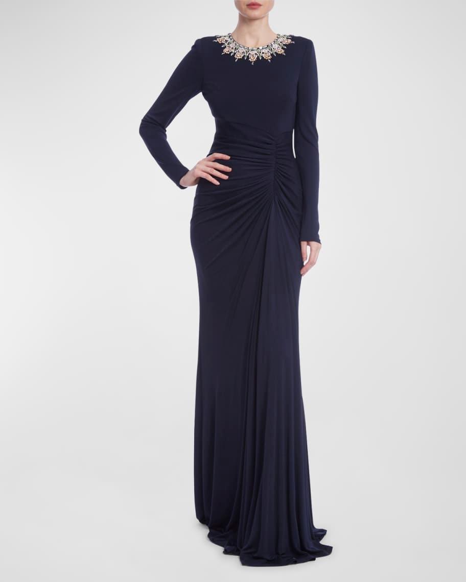 Jewel-Embellished Ruched Jersey Gown Product Image