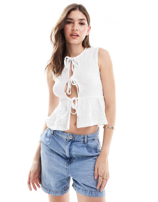 ASOS DESIGN textured tie front top in ivory Product Image