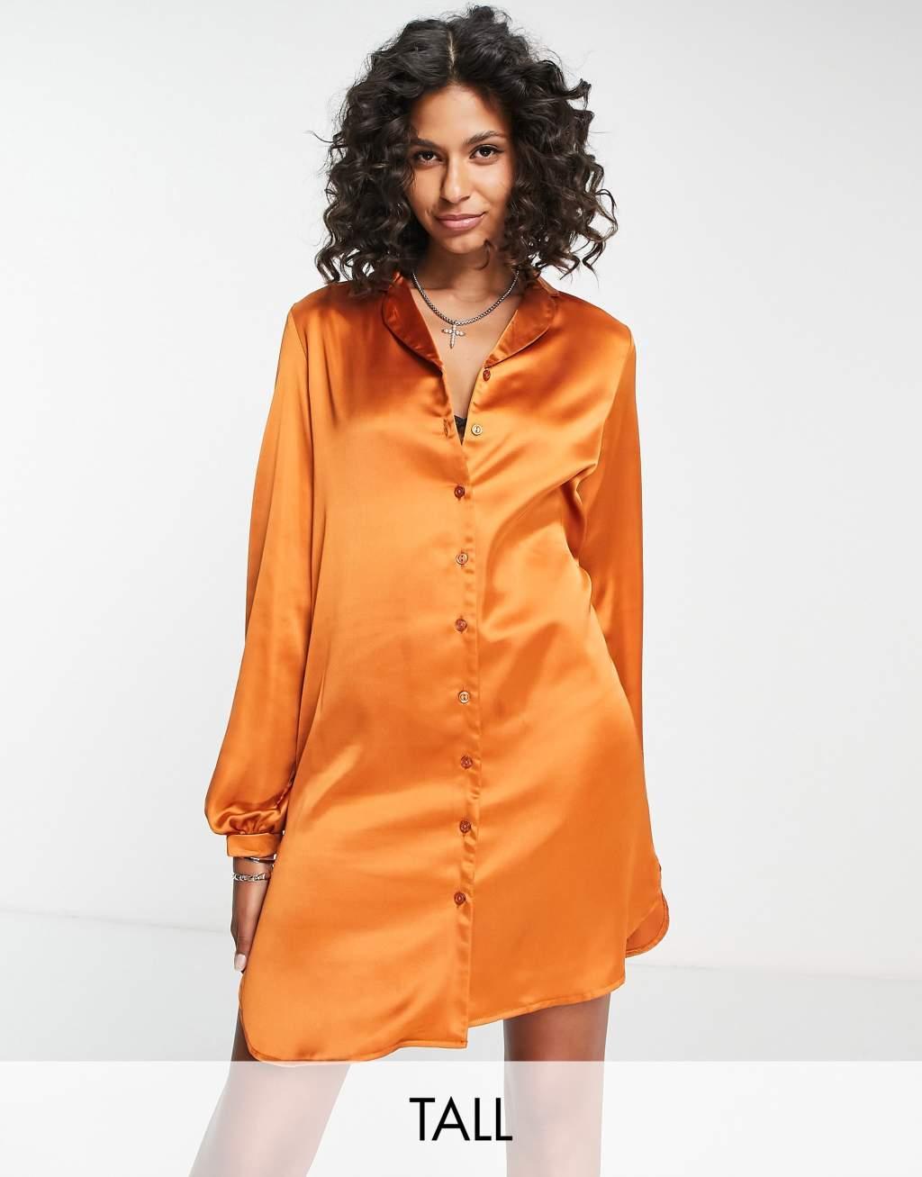 Flounce London Tall satin mini shirt dress in burnt orange  Product Image